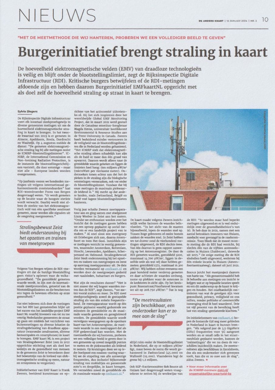 Artikel van Sylvia Slegers over EMF kaart NL in de Andere Krant
